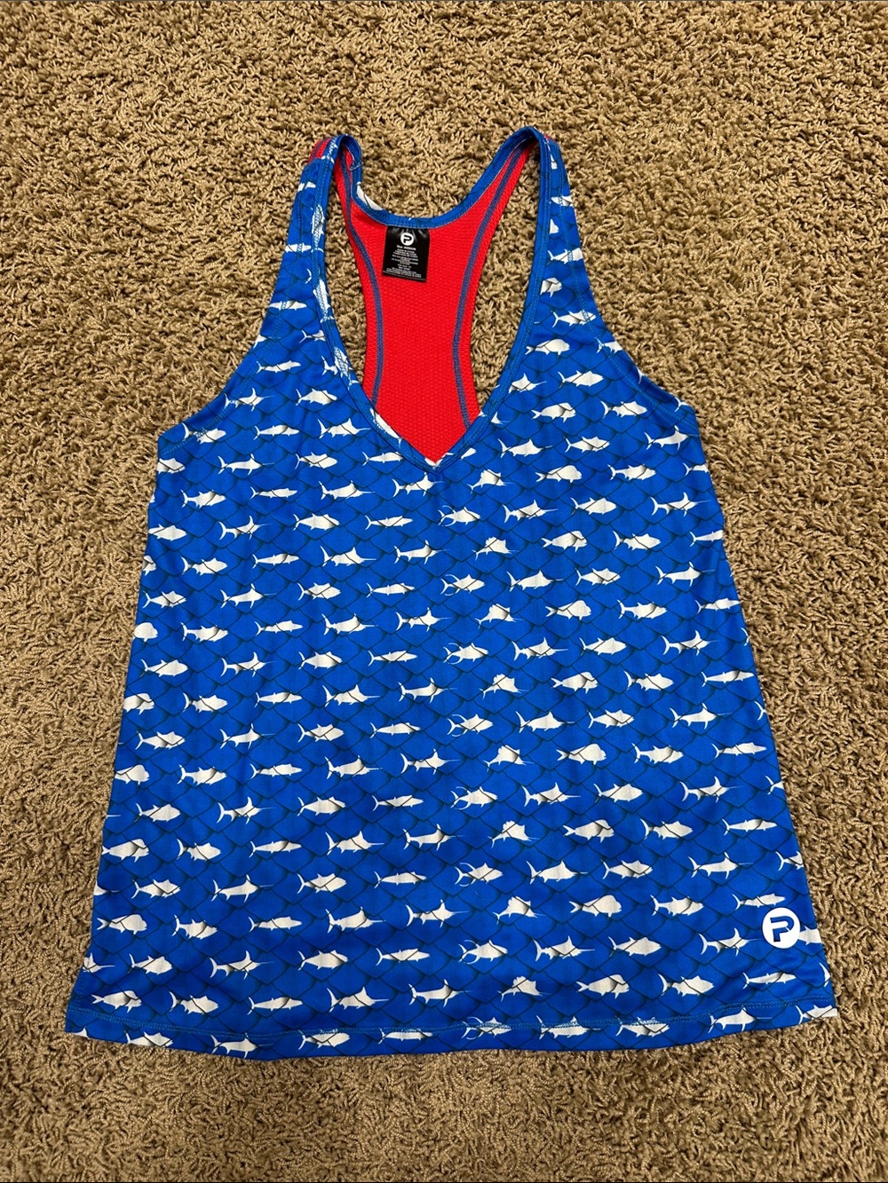 Pelagic Blue Fish-Print Racerback Tank Top with Red Lining
